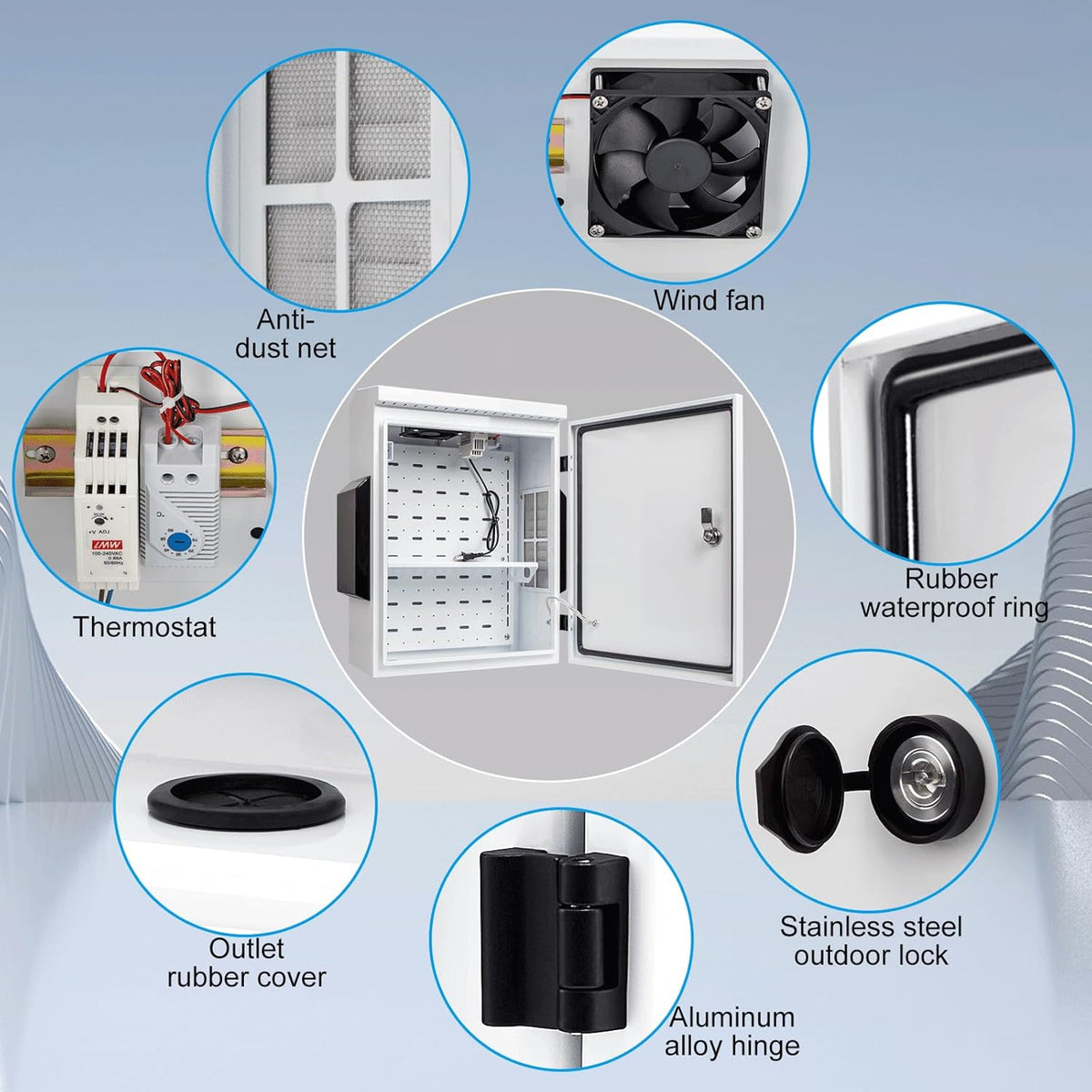 Outdoor Electrical Box with Thermostat and Fan, Cold-Rolled Steel Plate, Aluminum Alloy Back Beam, One-Piece Ventilation Design, IP65 Waterproof, Wall/Pole Mounted. (19.6" x 15.7" x 7.9")