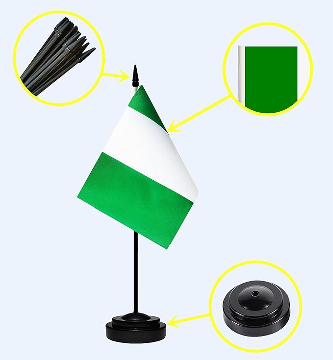 Nigeria Nigerian Deluxe Desk Flag Set Small Mini Miniature Nigeria Nigerian Table Desktop Flags With Solid Pole, Black Base and Spear Top(2 Pack)