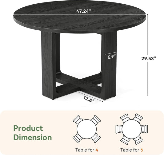 47.24" Black Round Dining Table for 4–6 People, Solid Wood Kitchen Table with 1.18" Thick Wooden Tabletop & Stable Cross-Shaped Base for Dining Room, Pure Black