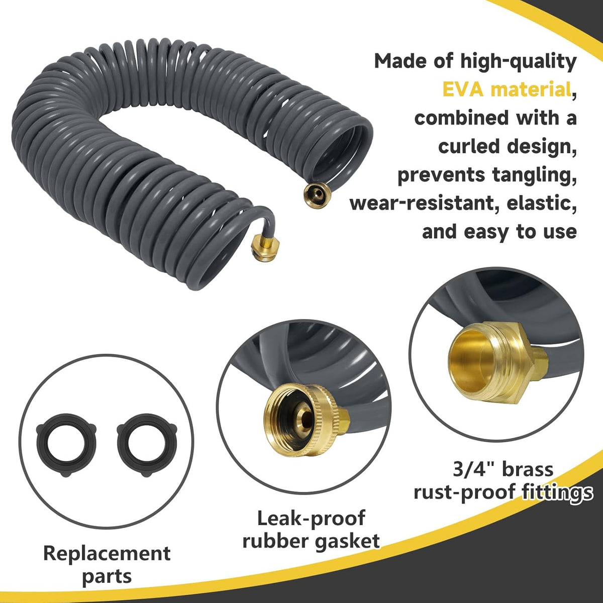 Coil Hose,3/8" EVA Coil Garden Hose 25 FT,Curly Water Hose Lightweight with Brass Connectors,Recoil Garden Hose Includes 8-Pattern Spray Nozzle for Boat, Yard, Patio, Green