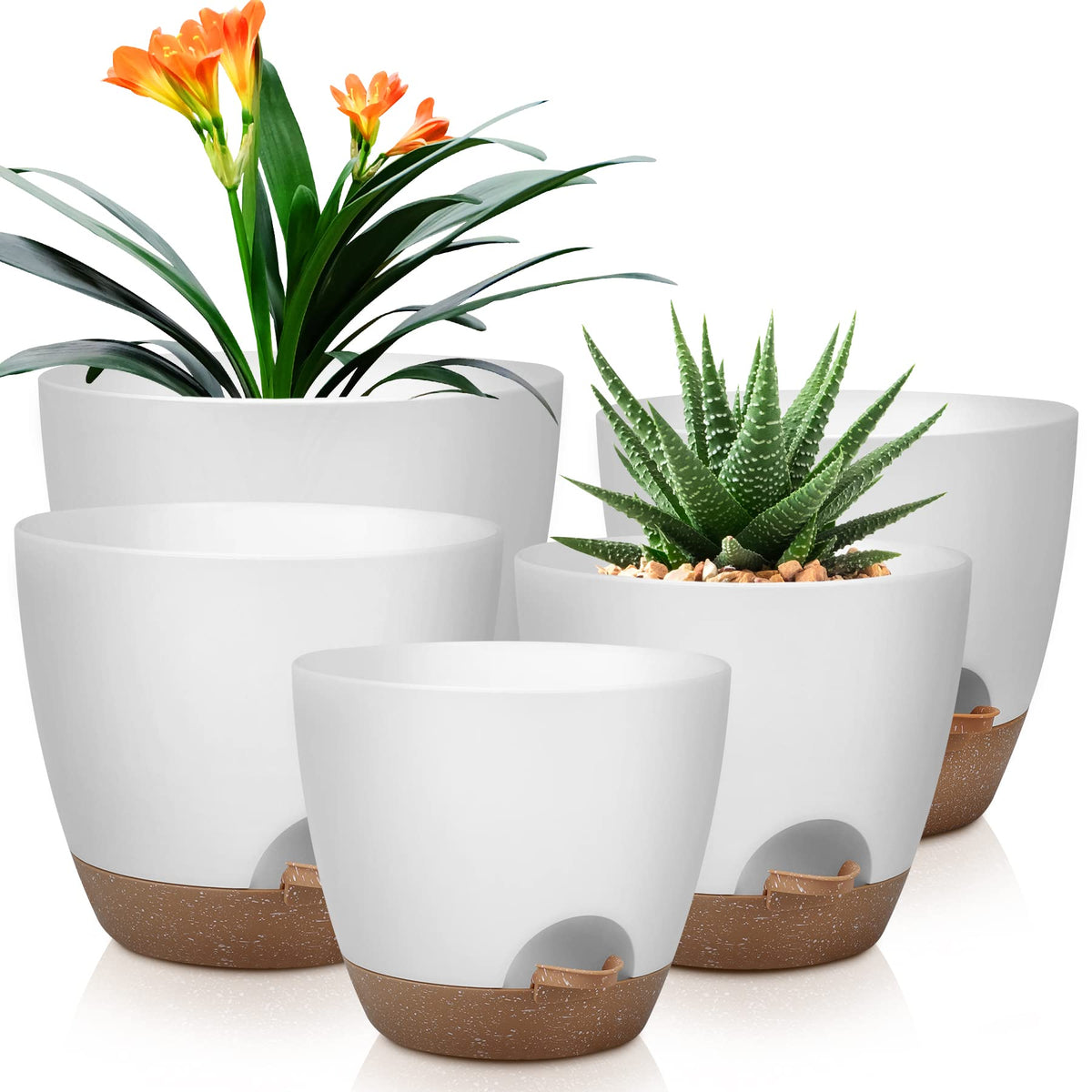 QRRICA Plant Pots 10/9/8/7.5/7 Inch Self Watering Pots, Set of 5 Plastic Planters with Drainage Holes and Saucers,Plastic Flower Pots,Nursery Planting Pot for Indoor Out Door Plants(White)
