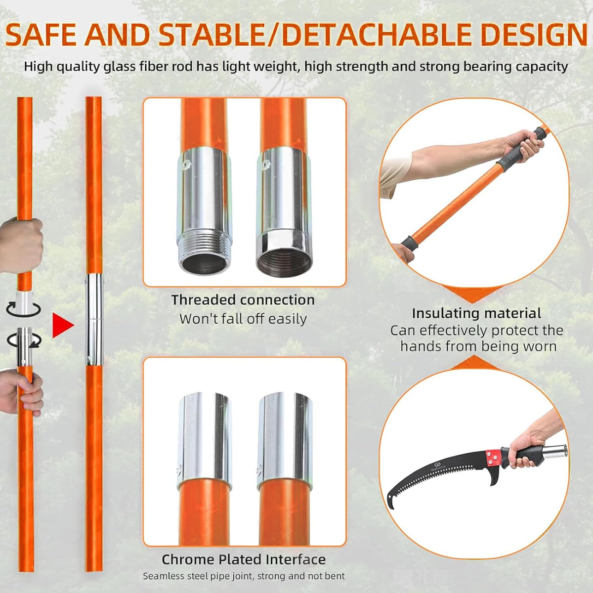 27FT Manual Pole Saw, Tree Branch Trimmer with 8-Section Fiberglass Handle, Sharp Steel Blade and Scissors, Lightweight Extendable Design for High Branch Trimming,Orange