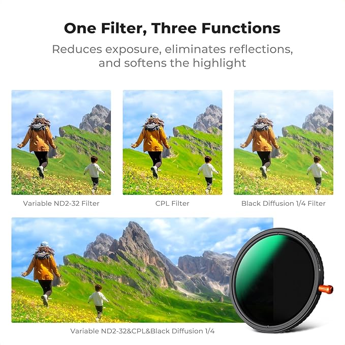 K&F CONCEPT 82mm Black Diffusion Mist Effect 1/4 & Variable ND2-32(1-5 Stops) & Circular Polarizing Filter CPL-in 1 Lens Filter with 18 Multi-Coatings for Camera Lenses (K-Series)
