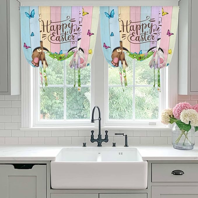 Tie Up Curtains,Happy Easter Rabbit Butt Egg on Daisy Leaf Adjustable Rod Pocket Window Shade Curtain Drape Bufferfly on Wood Barn Tie-Up Valance for Kitchen Bedroom Living Room Windows,52"x45"