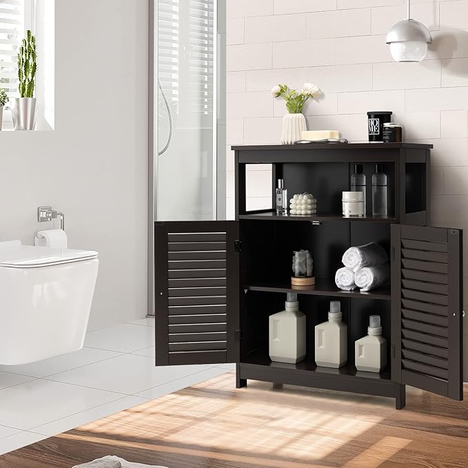 GLACER Bathroom Floor Cabinet, Wooden Storage Cabinet with Double Shutter Doors & 3-Position Adjustable Shelf, Side Storage Organizer, 23.5 x 12 x 31.5 inches (Espresso)