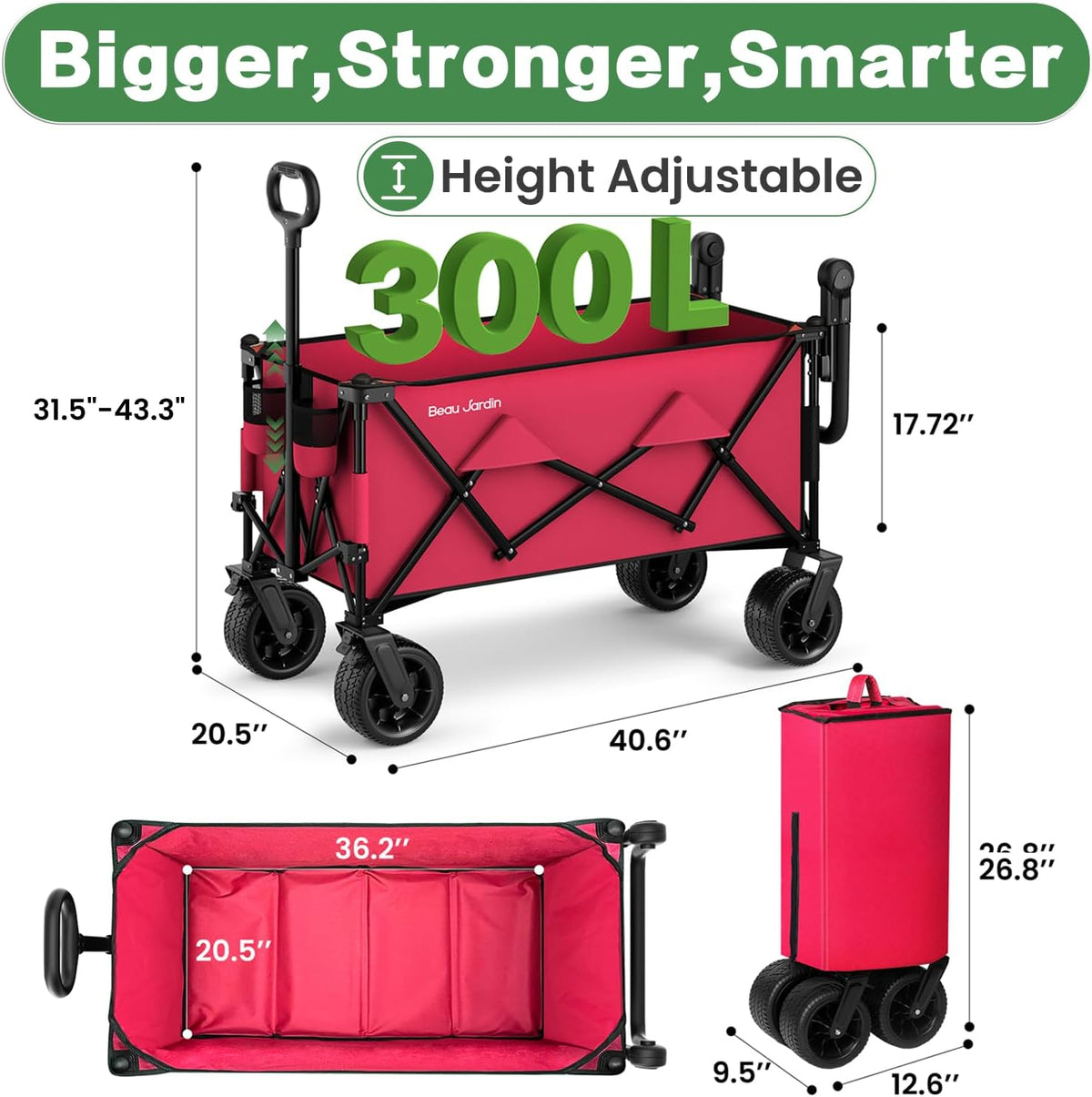 BEAU JARDIN Folding Push & Pull Beach Wagon 500 lbs Collapsible Foldable Wagons with Push Handle All Terrain Wheels Grocery Utility Camping Sports Garden Wagon Cart Red