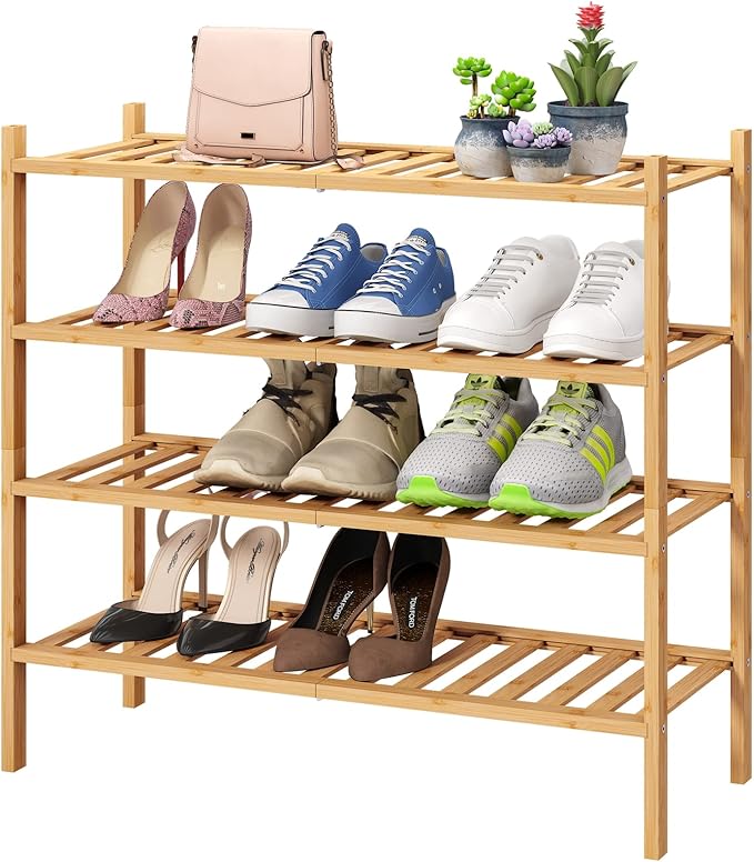 4-Tier Bamboo Shoe Rack for Entryway, Stackable | Foldable | Natural, Shoe Organizer for Hallway Closet, Free Standing Shoe Racks for Indoor Outdoor