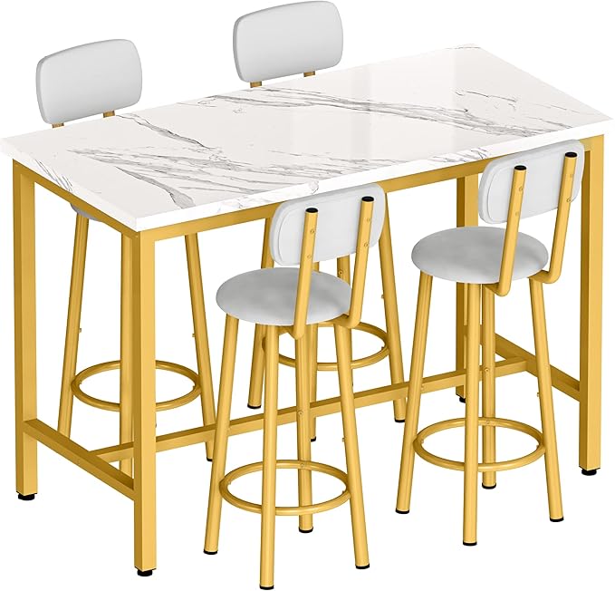 Lamerge Dining Table Set for 4 Bar Table and Chairs Set Faux Marble Counter Height Dining Table Set with 4 PU Upholstered Stools Kitchen Pub Table for Kitchen, Restaurant, Space Saving, Gold and White