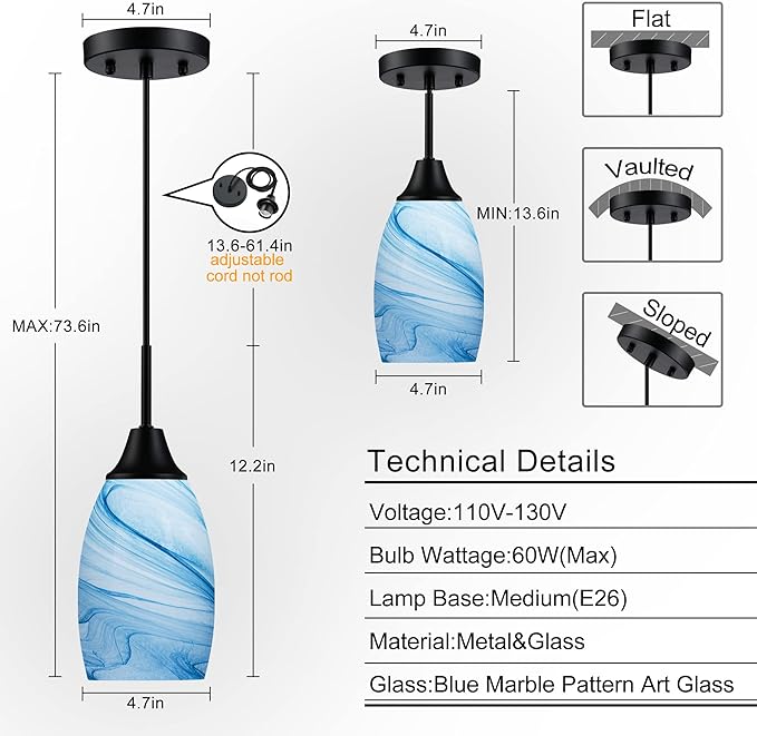 Mini Glass Pendant Light 4.72" with Handblown Blue Marble Art Glass Hanging Light 1-Pack Oval Ceiling Hanging Light Fixture for Dining Room Kitchen Island Cafe Foyer Hallway