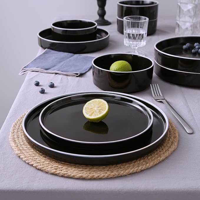 Famiware Nebula Plates and Bowls Set, 24 Pieces Dinnerware Sets, Dishes Set for 8, Black with White Rim
