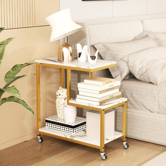 Giantex 3-Tier Side Table with Wheels, G-Shaped Mobile End Table with Open Shelves & Metal Frame, Rolling Sofa Couch Table for Living Room Bedroom Office, White & Gold