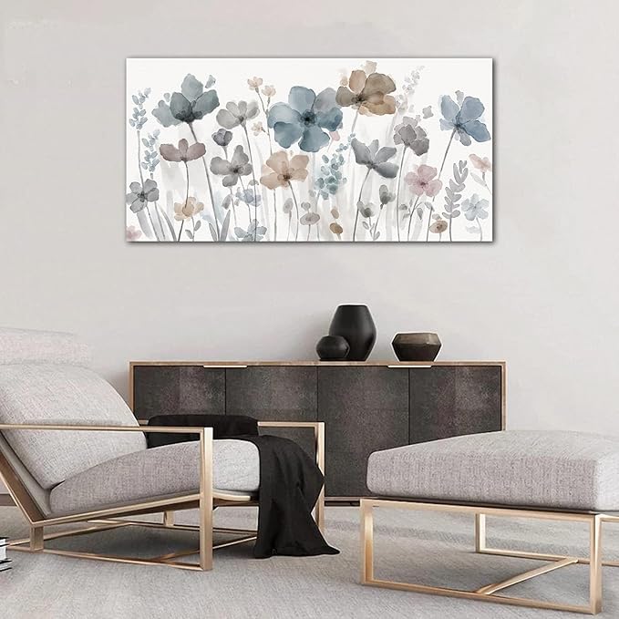Elegant Flowers Canvas Wall Art - Floral Pictures for Wall Decor Indigo Brown Grey Canvas Painting Nature Printing Artwork for Living Room Bedroom Home Office Wall Decoration 29" x 58"