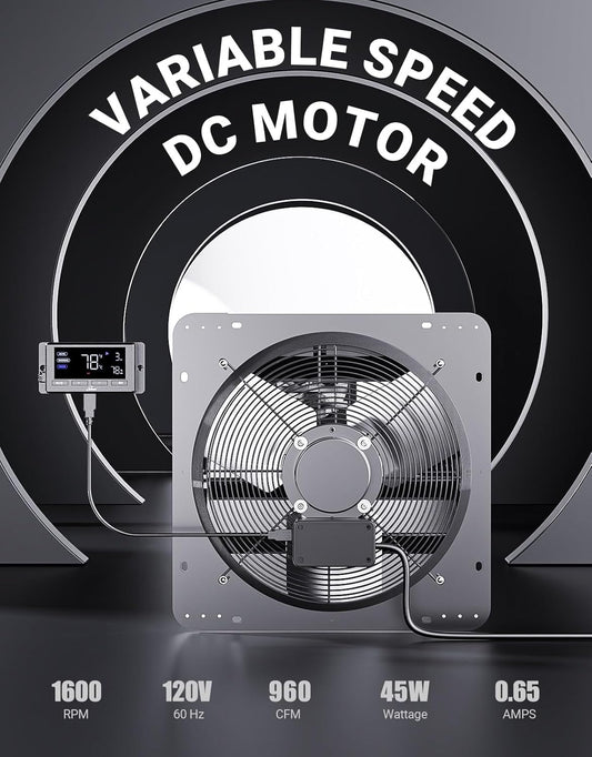 iLiving 12" Wall Mounted Shutter Exhaust Fan, Automatic Shutter, Temperature and Humidity Controls with Variable Speed, 960 CFM at 1600 RPM DC Motor