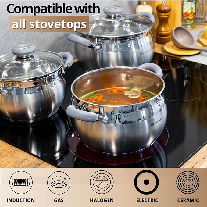 Daniks Modern Frying Pan With Lid Included, 11-Piece Stainless Steel Induction-Compatible Cookware Set, Dishwasher Safe, Heatproof Handles, Glass Lids, Silver