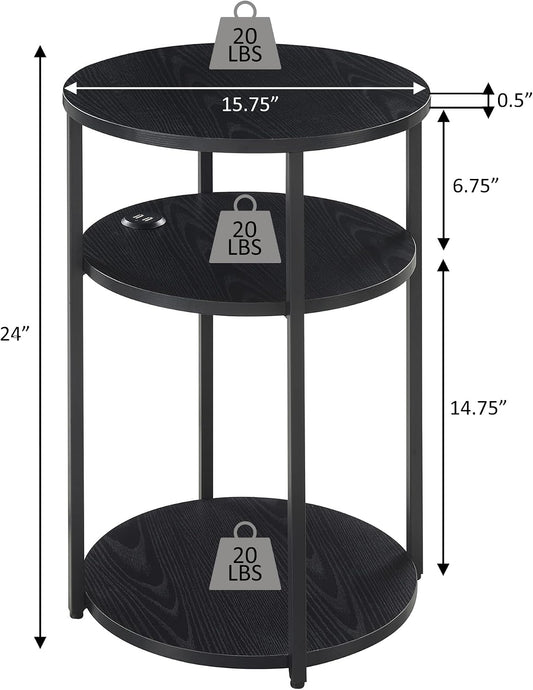 Convenience Concepts Simon End Table with USB Ports 15.75" – Modern 3-Tier Round Side Table with Storage Shelves for Family Room, Industrial Style Table with Charging Station, Weathered White, Black
