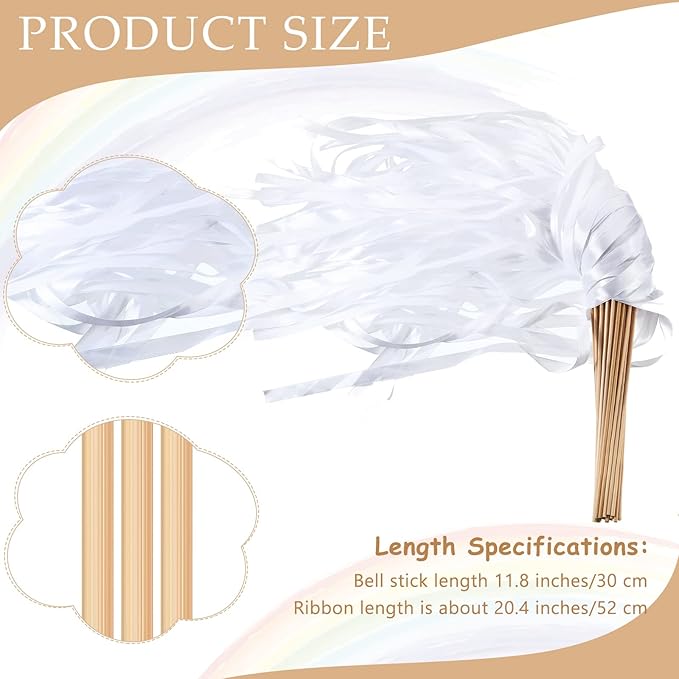 Boao 40 Pieces Mixed Color Ribbon Sticks with Bell, Ribbon Sticks for Stick Party, Streamers for Wedding Birthday Party Celebration Baby Shower Favors(White)