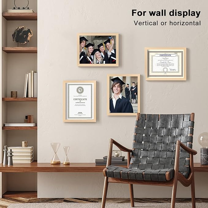 KINLINK 8.5x11 Picture Frame Natural, Solid Wood Diploma Frames with Acrylic Plexiglass for Pictures, Certificate Degree Document Frame Tabletop and Wall Mounting Display, Set of 4