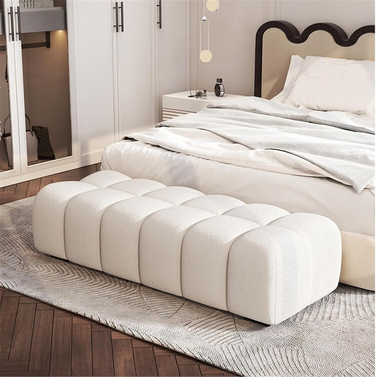 Modern Fabric Bed end Bench Long Bedroom Dressing Room Wooden Shoe Changing Entryway(Large)
