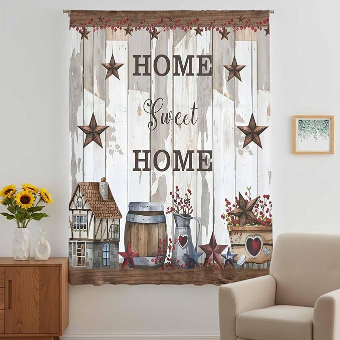 Farmhouse Sheer Curtains 63 Inch Length Retro Country Star Berry Vintage Wood Grain Chiffon Curtain for Bedroom Living Room Light Filtering Rod Pocket Window Treatments Voile Curtains Drapes