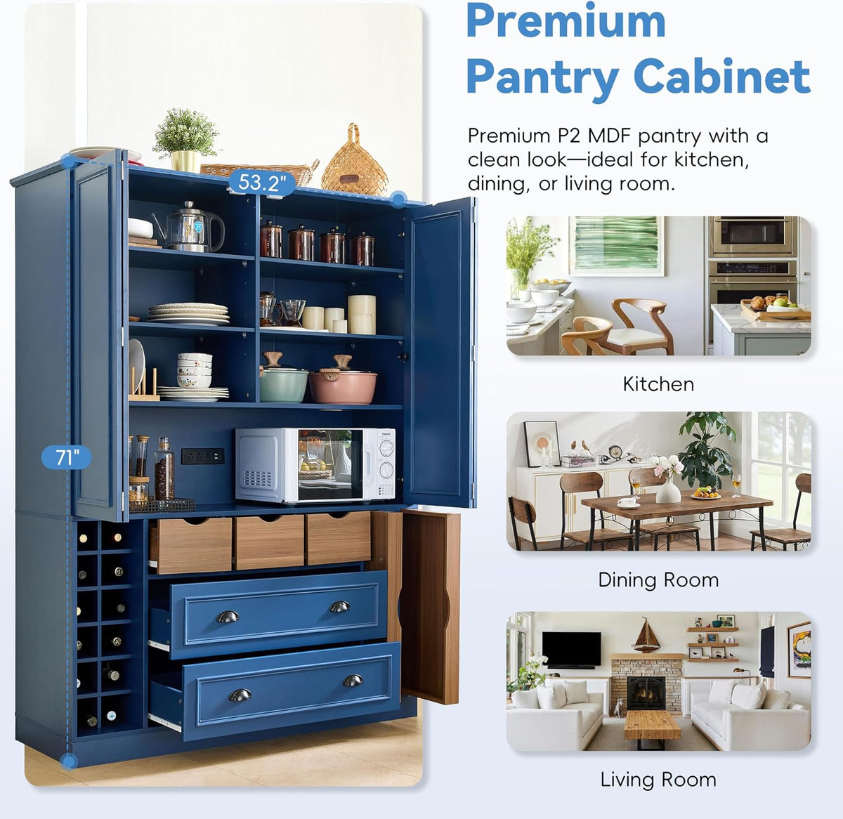Polibi Farmhouse 71" Large Kitchen Pantry Cabinet with 4 Foldable Doors, Power Outlet, Wine Racks, Serving Trays, Adjustable Shelves & Drawers, for Dining Room Storage, Blue