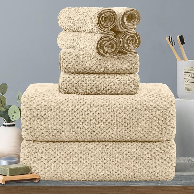 8-Piece Beige Bath Towels Set,2 Oversized Large Bath Towels Sheet,2 Hand Towels and 4 Washcloths - 600 GSM Soft Luxury Towel Set,Highly Absorbent Quick Dry Towel Collection for Bathroom,Hotel and Spa