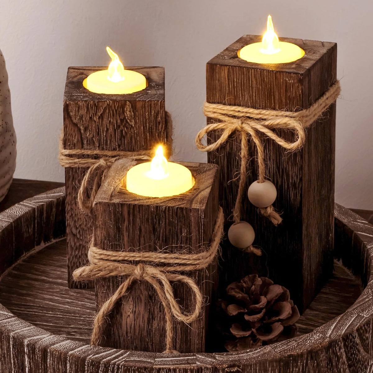 MelonBoat Rustic Wood Candle Holders: Farmhouse Candle Holders with Battery Operated Candles,Rustic Farmhouse Decor, Flameless LED Candles 3-Pack for Living Room Party Holiday Home Decor