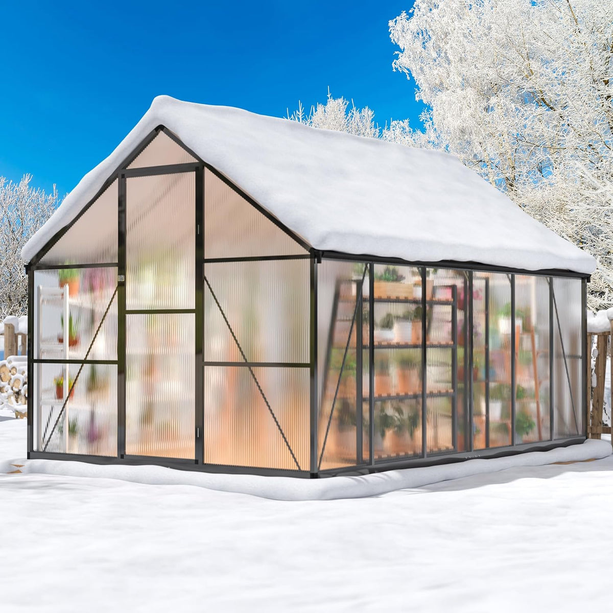 8×12 FT Greenhouse for Outdoors, Quick Setup Polycarbonate Greenhouse with Roof Vent, Walk in Green Houses for Outside for Outdoor Garden Backyard, Black