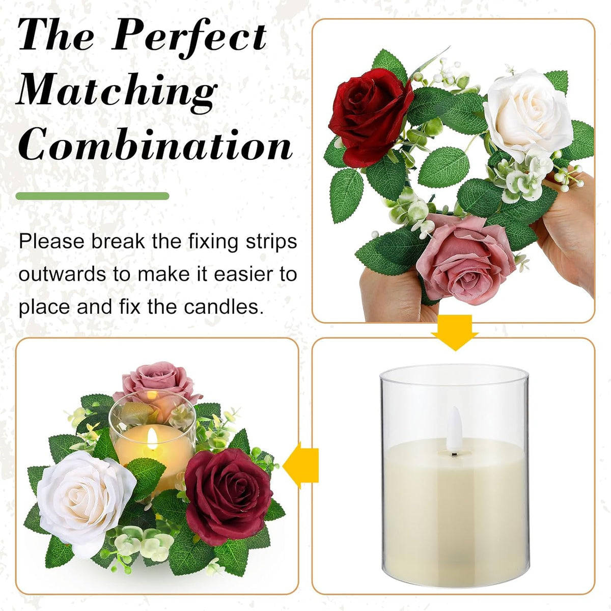 Yunlly 12 Pcs Rose Candle Rings with Flameless Candles Sets, Artificial Flower Eucalyptus Wedding Centerpiece 3 Inch Pillar Candleholders Wreaths for Wedding Party Mother's Day (Red,Pink,White)