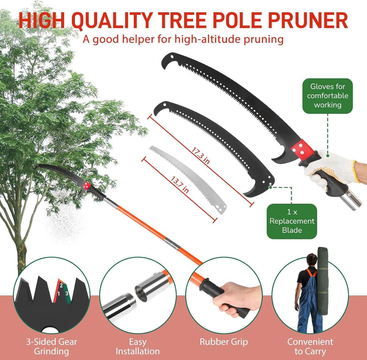 Outvita Manual Pole Saw, 26 Feet Extendable Tree Pruner with Knives and Storage Pocket, Sharp Steel Blade and Scissors High Branches Trimming for Pruning Palms and Shrubs(Orange)