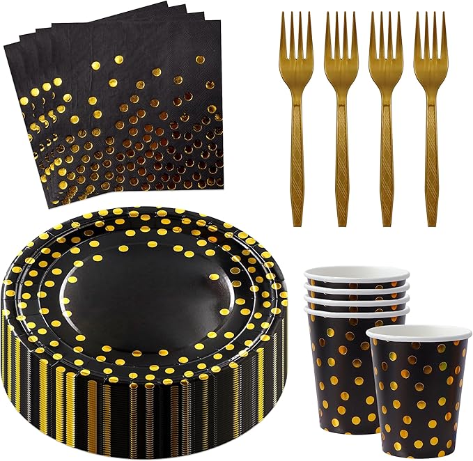 160 Pcs Black and Gold Paper Plates, Forks and Cups Party Supplies, Disposable Paper Dessert Cake Plates Tableware Supplies for Birthdays, Graduations, Weddings, Holidays (40 Guests)