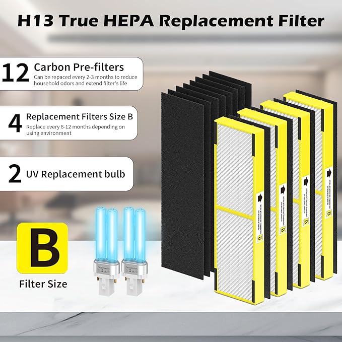 4 pack FLT4825 HEPA Replacement Filter B & LB4000 Bulb for Guardian AC4825, AC4300, AC4850, AC4800, AC4820, AC4900 Air Cleaner Purifier, 4 HEPA Filters +12 Carbon filters+ 2 lb4000 uv bulb