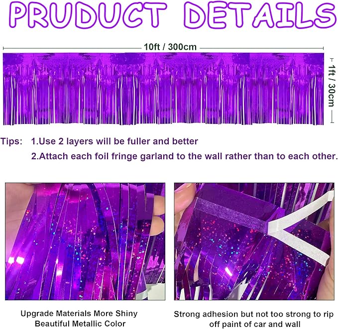 4 Pack 10 Feet Glitter Purple Parade Float Decorations for Trailer Car, Glitter Foil Fringe Metallic Tinsel Streamers Banner Garland for Graduation Homecoming Birthday Party (Glitter-Purple)