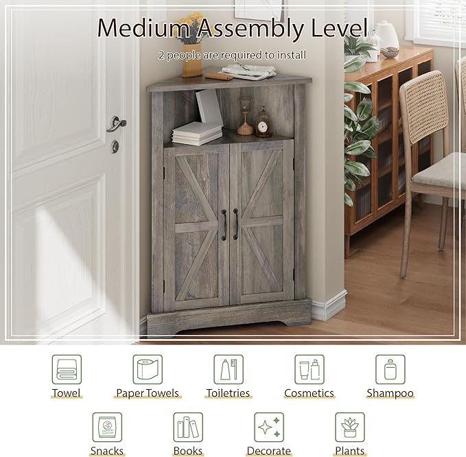 Smuxee Bathroom Corner Storage Cabinet, Farmhouse Floor Corner Cabinet with Barn Door and Adjustable Shelf, Wash Grey Narrow Cabinet Organizer for Bathroom, Living Room, Kitchen