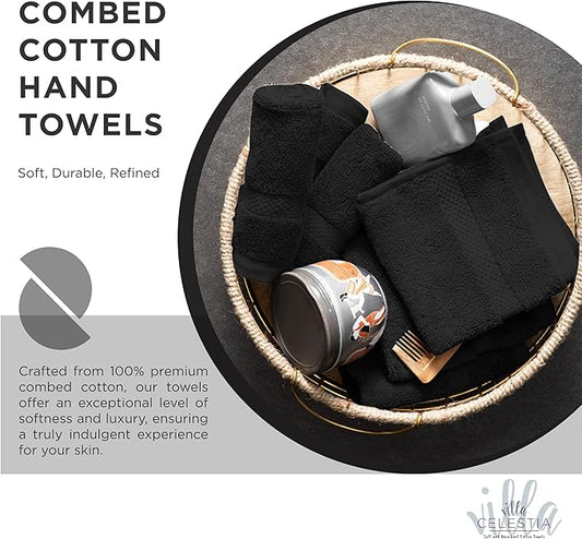 100% Cotton Hand Towel Set of 2, (16 x 28 inches) Sustainable, Soft, Highly Absorbent, Quick Drying, Combed Cotton Hand Towels Pack of 2 Ideal for Hotels, Spa, Bathroom, Dorm, Black