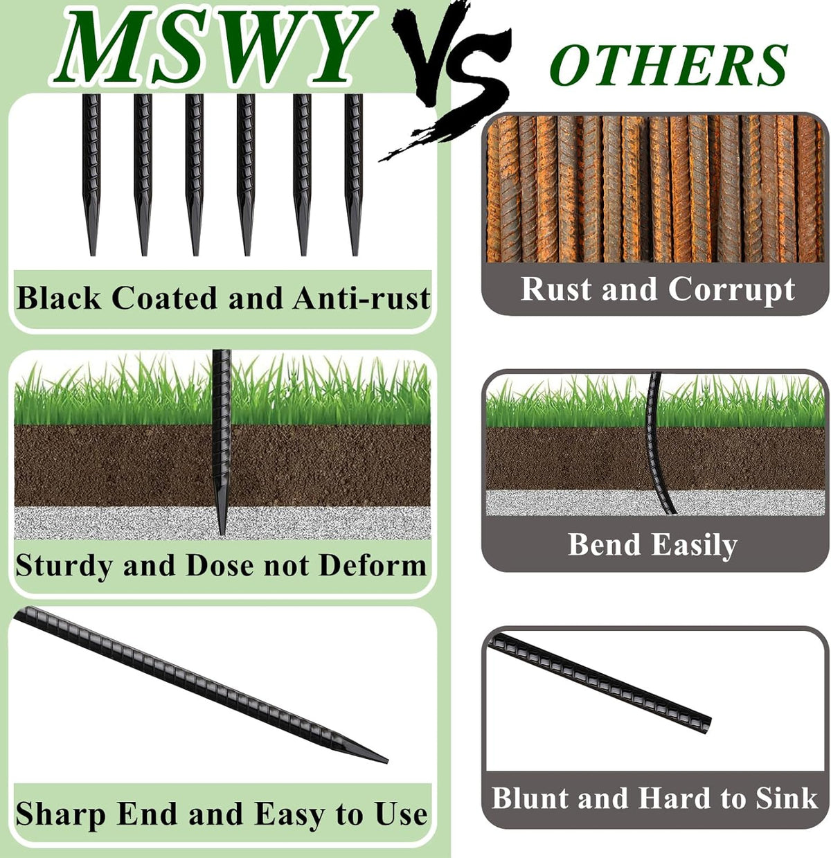 Rebar Stakes 16 Inch 20 Pack Heavy Duty Ground Anchors with Chisel Point End Long Straight Steel Tent Stakes 3/8" Thickness Metal Spikes Black Coated for Concrete Timber Camping Garden Plant