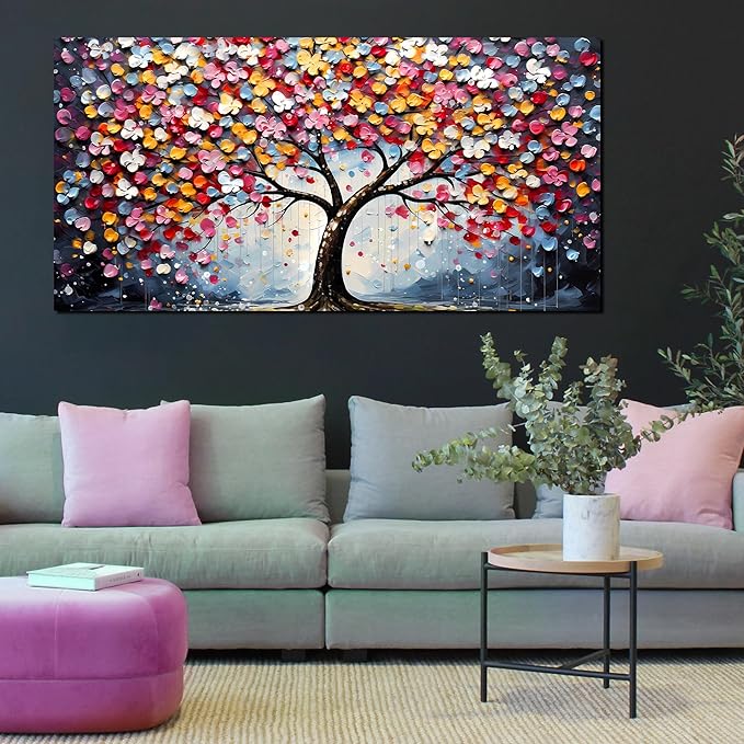 Zoyotago Large Canvas Wall Art Colorful Flower Tree Picture Gray Backgrounds Canvas Prints Ready to Hang for Bedroom Living Room Size 24x48