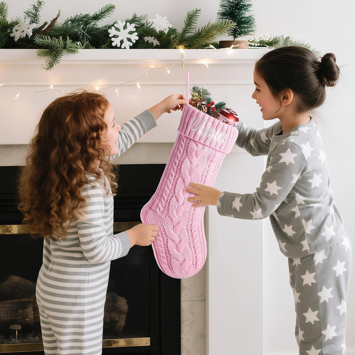 Personalized Christmas Stockings with Christmas Cards,Custom Embroidered Name Monogram Christmas Stocking for Baby Kids Girl Family,18" Large Pink Knit Xmas Stockings for Fireplace Decor