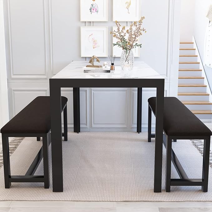 Dining Room Table Set with 2 Benches, Dining Table Set for 4-6, Dinner Table Set for 4, Faux Marble Breakfast Table Set & PU Leather Upholstered Benches for Small Spaces, Apartment, White