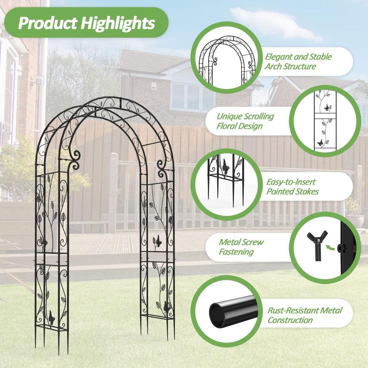 Trellume Garden Abor - 88"(H)*51"(L), Sturdy Metal Garden Arch with Rust-Resistant Finish, Trellis for Climbing Plants Outdoor, Ideal as Wedding Arches for Ceremony(20MM Pipe)