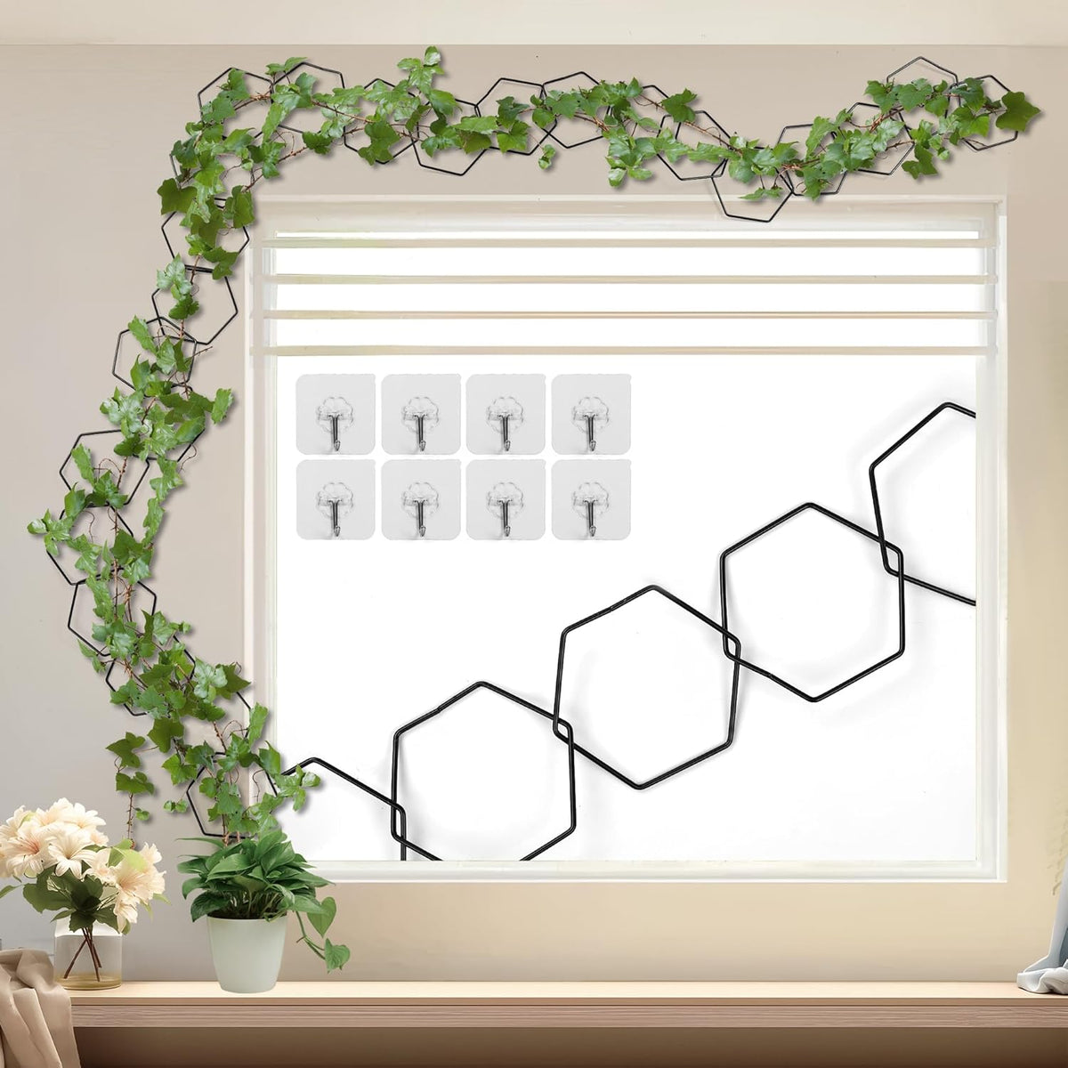 24 Pcs Chain Trellis for Climbing Plants, 120 Inch Long Metal Plant Trellis Indoor Outdoor, Garden Wall Vine Support Trellis, Plant Accessories for Ivy, Peonies, Hexagonal Design Black