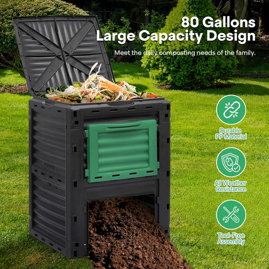 Athena Collection Compost Bin, 80 Gallon (300L) Large Outdoor Composter with Snap-On Lid & Aeration Vents, Easy to Assemble, Durable Outdoor composting Bins for Garden, Yard and Outdoor Use