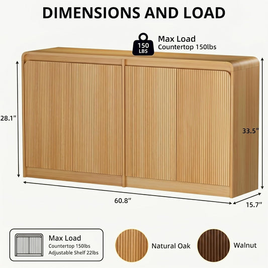 FURSUN 61" Modern Fluted Sideboard with Curved Design, 4-Door Buffet Cabinet with Adjustable Shelves, Large Wood Coffee Bar Station for Dining Room & Kitchen(Natural Oak)