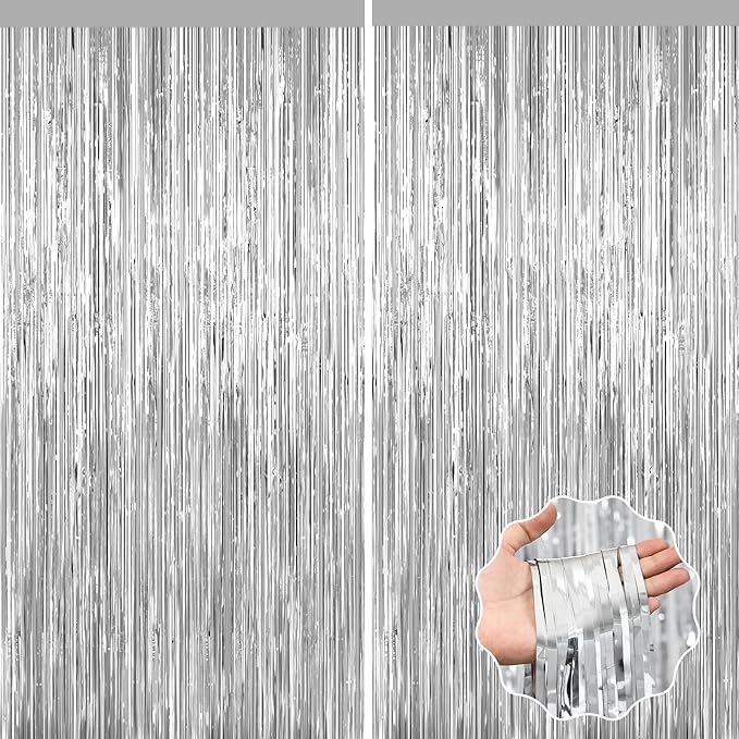 Silver Foil Curtain Backdrop, 2Pack Silver Metallic Tinsel Foil Fringe Curtains Photo Booth Props for Birthday Wedding Engagement Bachelorette Baby Shower Christmas Celebration Disco Party Decorations