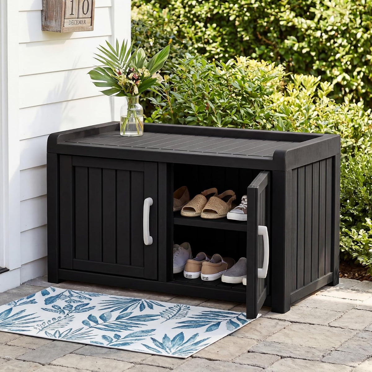 2-Tier Storage Bench, Waterproof UV-Resistant Outdoor Shoe Storage Cabinet ,Outdoor Shoe Rack with 2 Doors & Adjustable Shelves for Indoor Outdoor Entryway, Hallway, Living Room (Black)