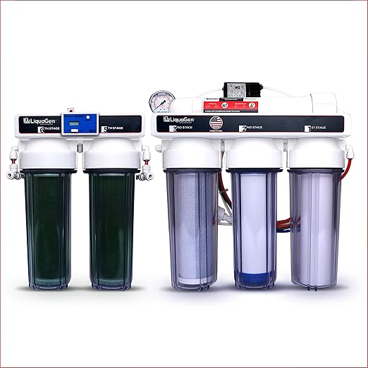 LiquaGen- Aquarium Reef Reverse Osmosis Deionization (RODI) Water Filter System + TDS Meter, Pressure Gauge and Electrical High Flow Booster Pump| Ultimate Water Purifier for Fish Tanks & More