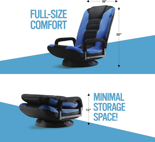 Maple99 Swivel Floor Gaming Chair - Video Lounger Enjoy 6 Different Positions, Adjustable Backrest, Removable Arm Rests, Folds to Store, Stylish Blue with Black Center Stripe