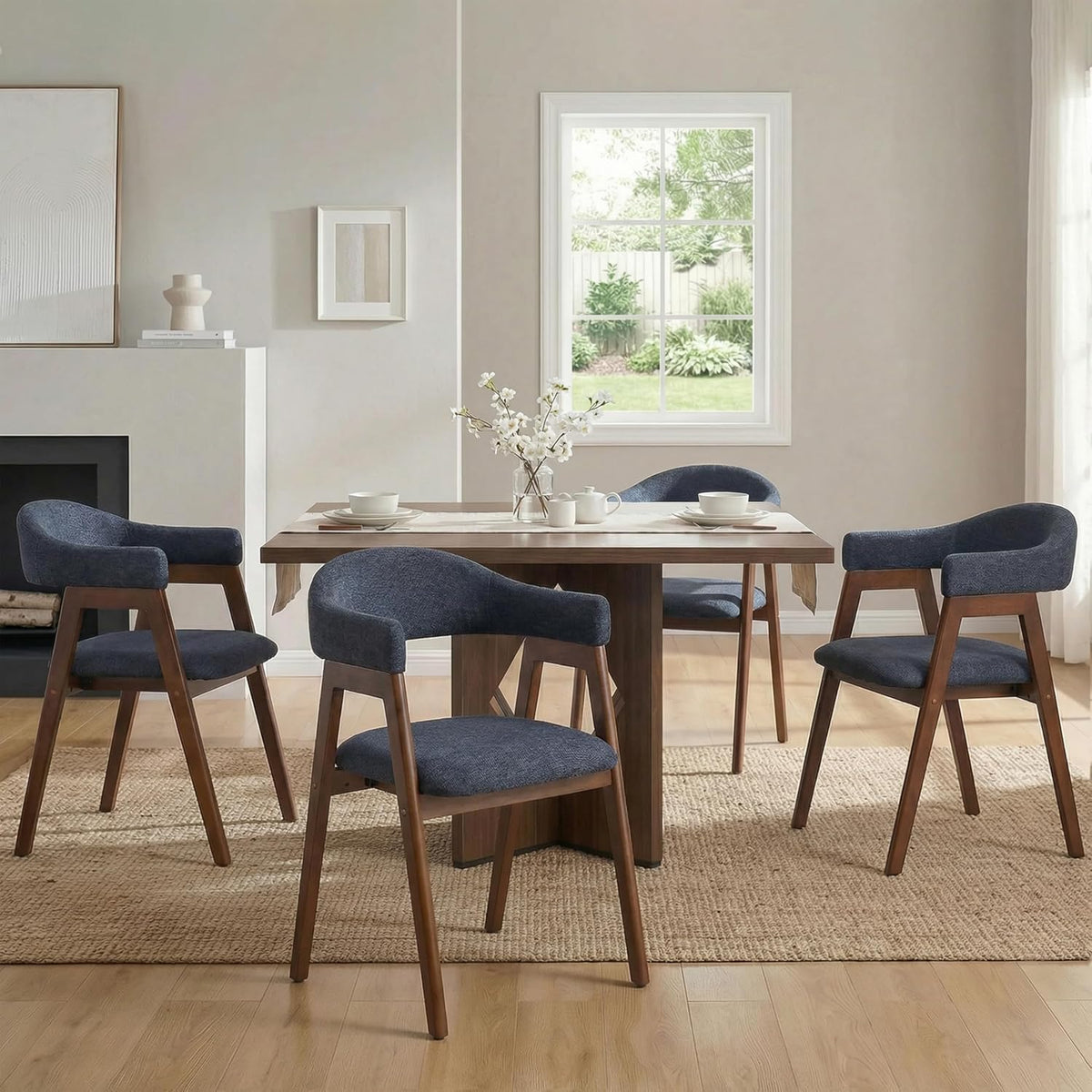 VKNOW Wooden Dining Chairs Set of 4, Modern Fabric Upholstered Kitchen Armchairs with Curved Open Back and Solid Wood Legs, Farmhouse Dining Room Chairs for Kitchen, Navy