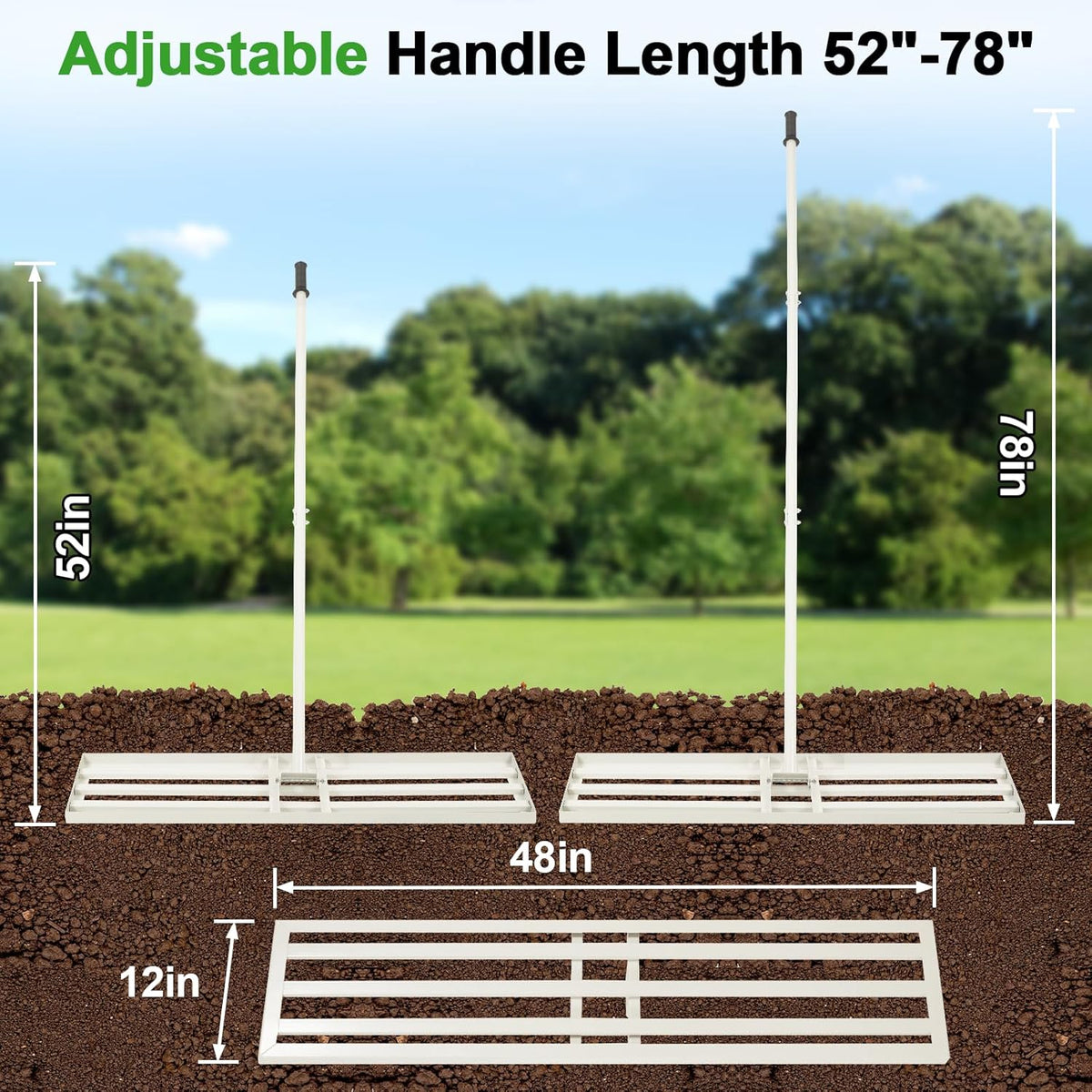 48"x12" Lawn Leveling Rake Heavy-Duty Galvanized Steel Lawn Leveler with an Adjustable 78'' Extra Long Handle Lawn Leveling Tool for Yard,Backyard,Garden,Golf,Farm,Pasture 6.5FT