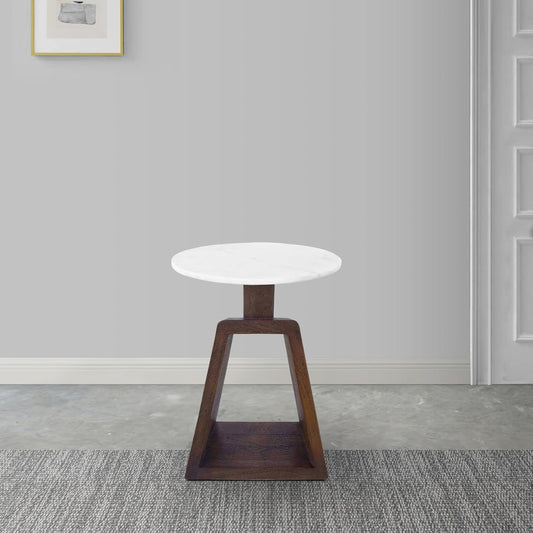 Port Blair Side End Table, 16.5 Inch Height, Round White Genuine Marble Top, Handcrafted Mango Wood Base, Modern Accent Table for Living Room, Bedroom, Entryway and Home Decor Display