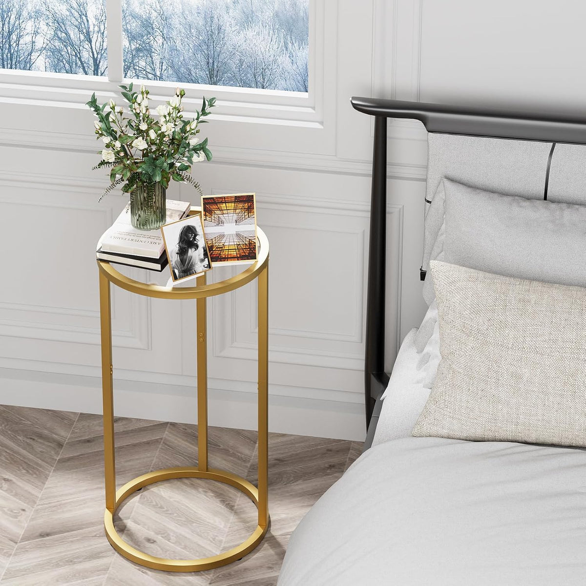 Easy Paws C Table Side End Table, Small Round Couch Sofa Tray Snack Table for Living Room, Bedroom,Accent Coffee Table,TV Tray Table for Small Space, Nightstand with Metal Frame(Gold)